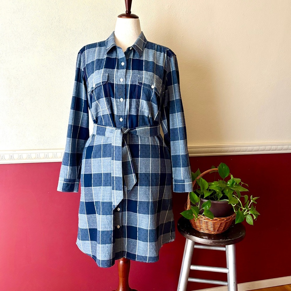 Lands' End Blue Plaid 100% Cotton Belted Shirt Dress Pockets Size XLP Tie Waist